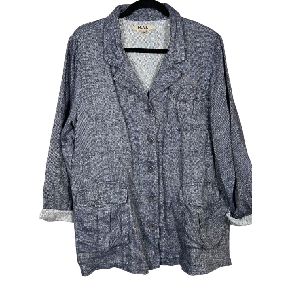 FLAX Linen‎ Blue Gray Button Down Jacket Coat Pockets Women's Small Shacket